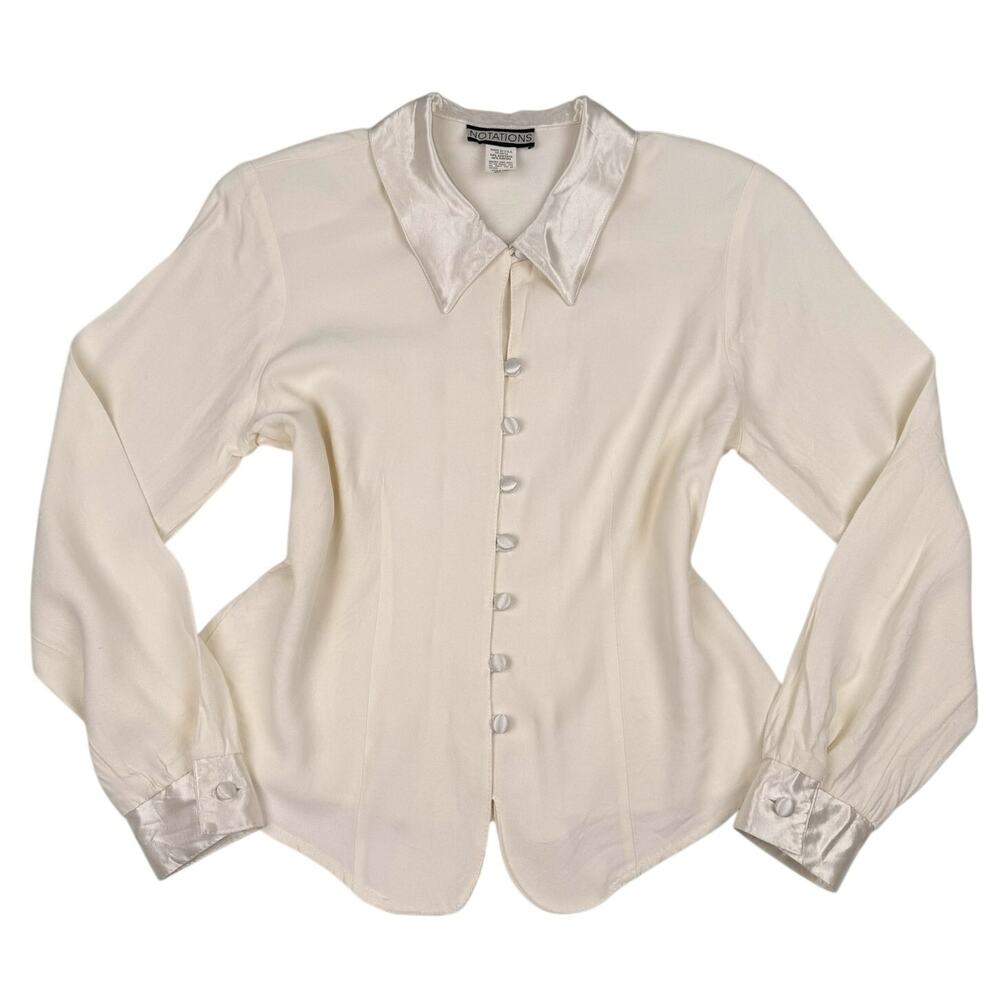American Vintage 80s 90s Ivory Button Front Blouse Womens 8 Notations USA Made